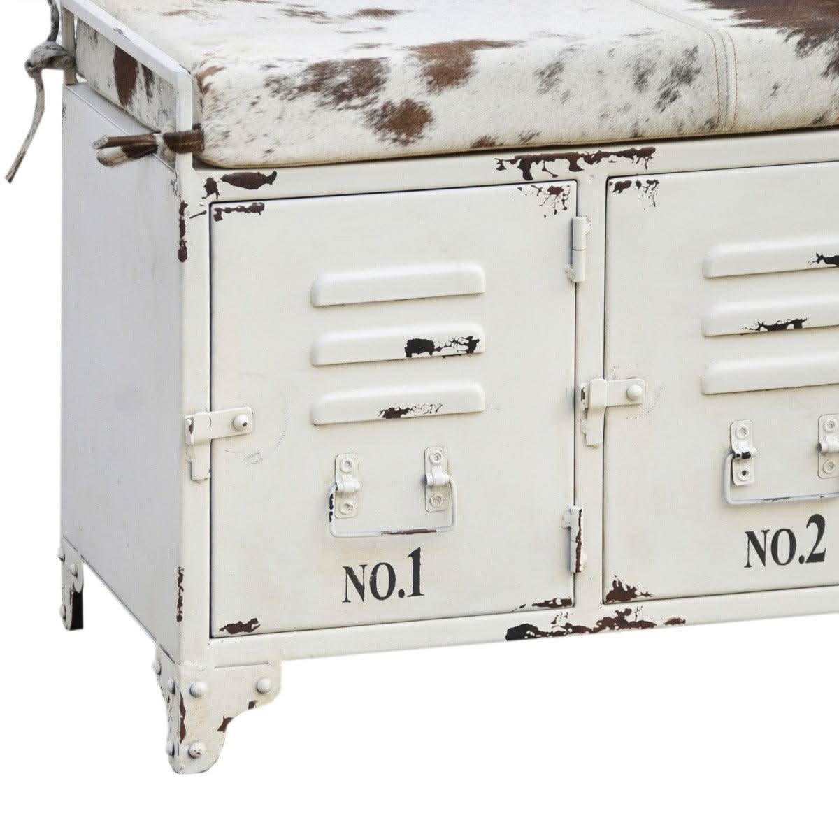 RANCHI COWHIDE IRON LOCKER BENCH WITH 4 DOORS - MyChocolateWood