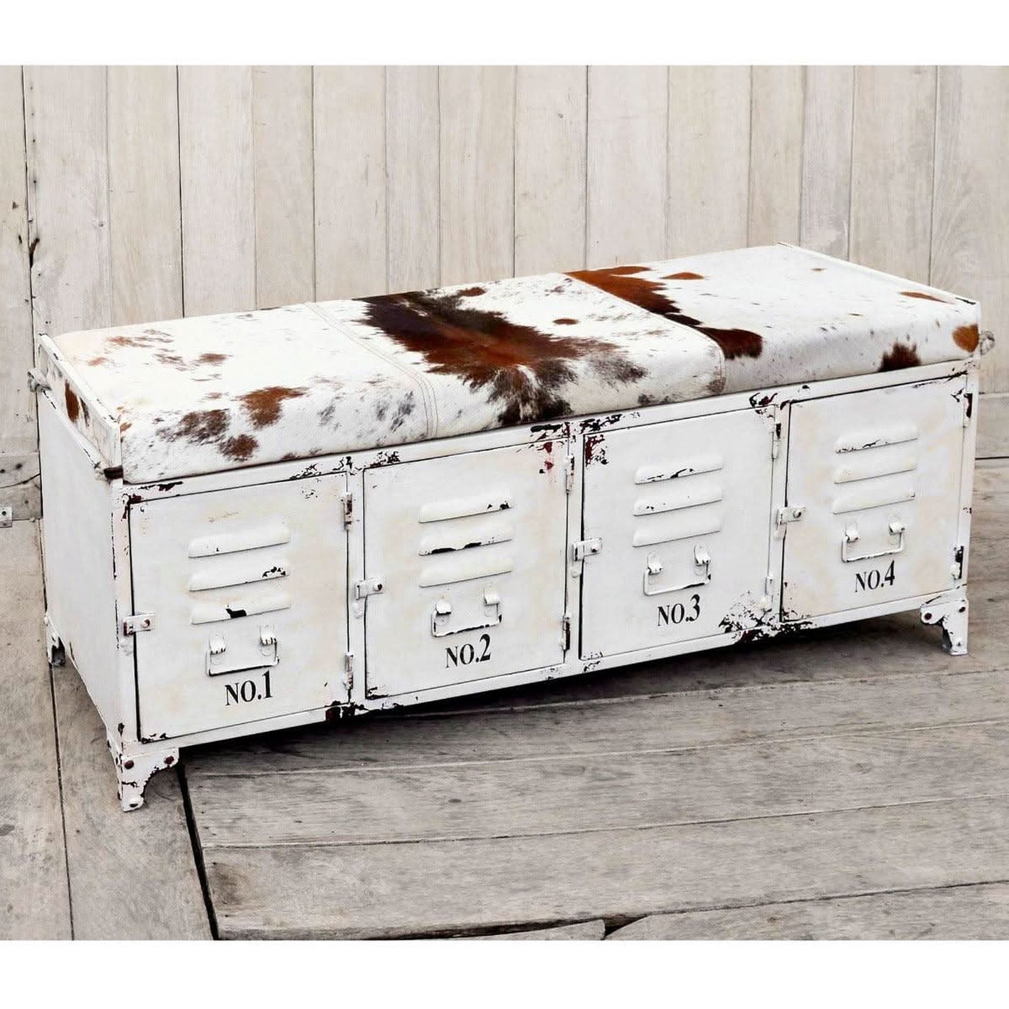 RANCHI COWHIDE IRON LOCKER BENCH WITH 4 DOORS