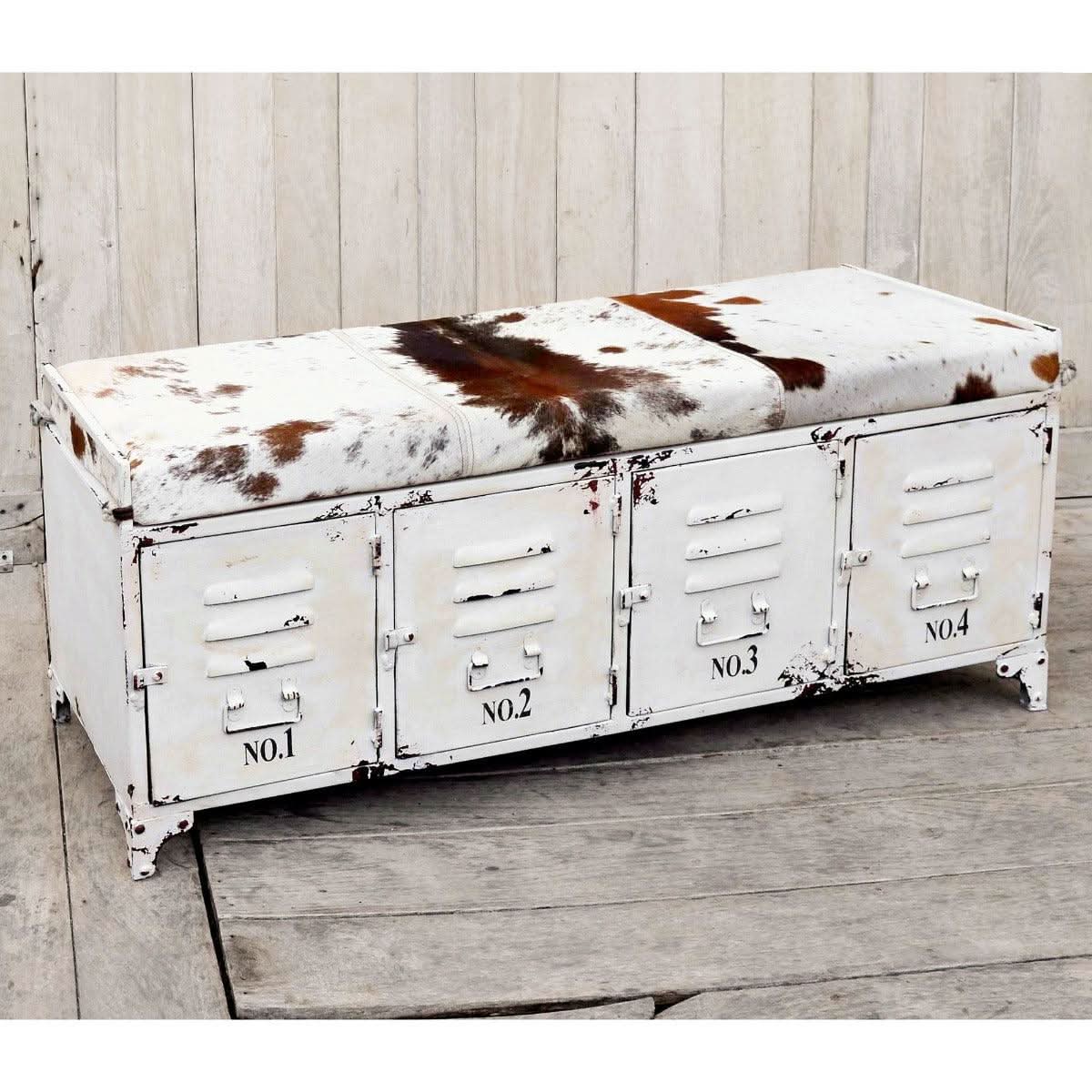 RANCHI COWHIDE IRON LOCKER BENCH WITH 4 DOORS - MyChocolateWood