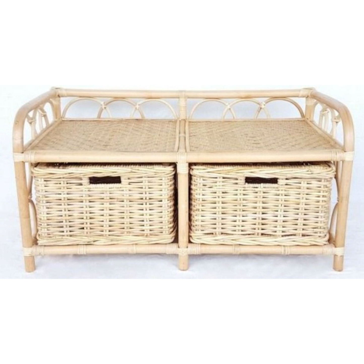 RATTAN STORAGE BENCH/HALLWAY BENCH W/ 2 RATTAN STORAGE BASKETS/ IN NATURAL