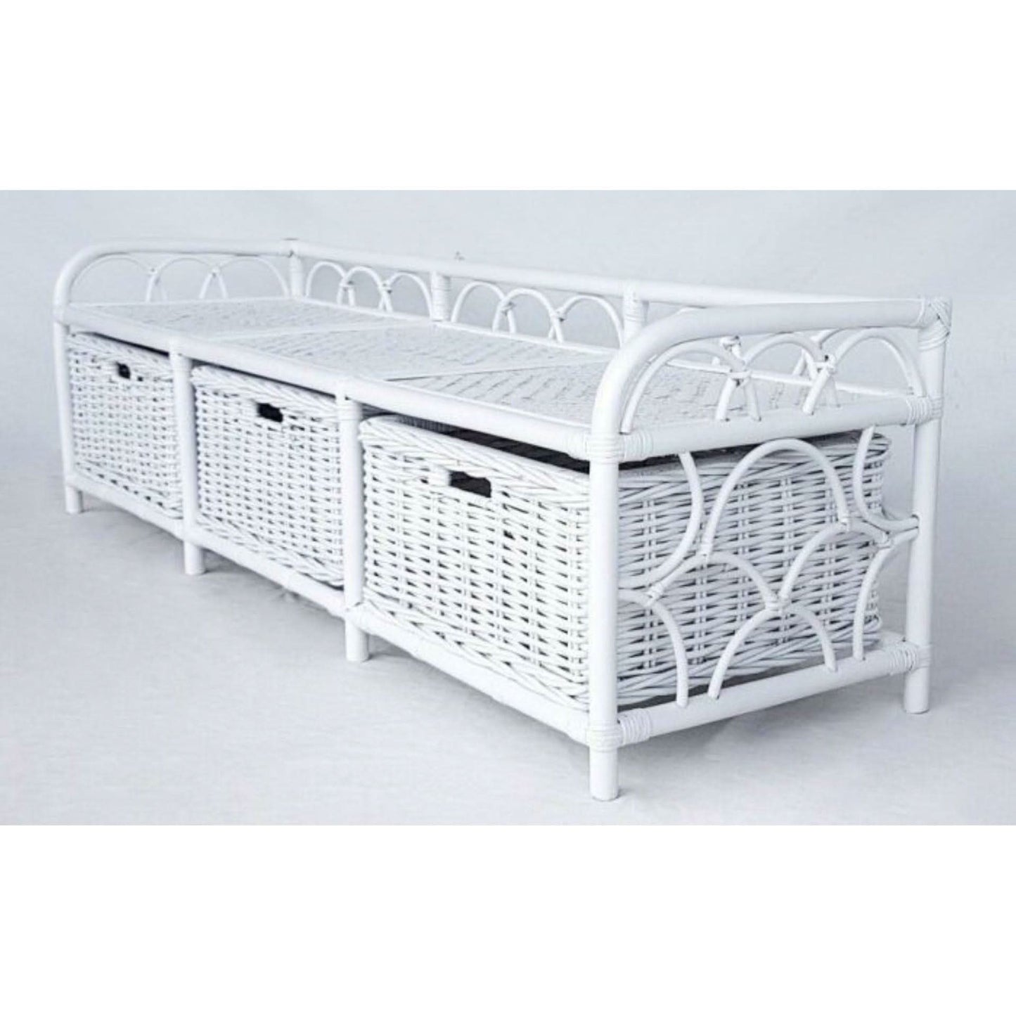 RATTAN STORAGE BENCH/HALLWAY BENCH W/ 3 RATTAN STORAGE BASKETS IN WHITE - MyChocolateWood