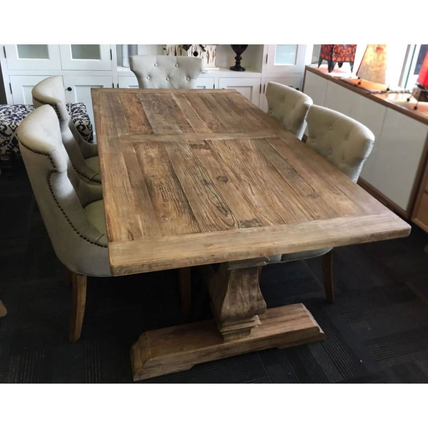 RHIANNON FARMHOUSE RUSTIC DINING TABLE 200CM + 2 X RHIANNON FARMHOUSE BENCHES IN RECYCLED ELM - MyChocolateWood