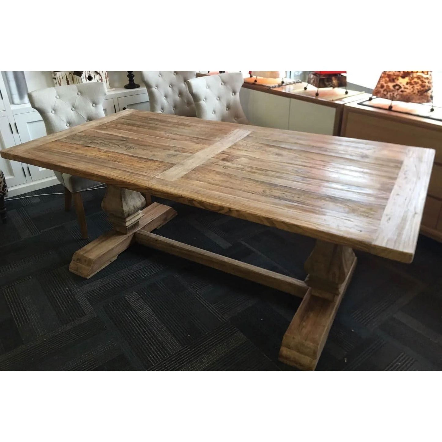 RHIANNON FARMHOUSE RUSTIC DINING TABLE 200CM + 2 X RHIANNON FARMHOUSE BENCHES IN RECYCLED ELM - MyChocolateWood