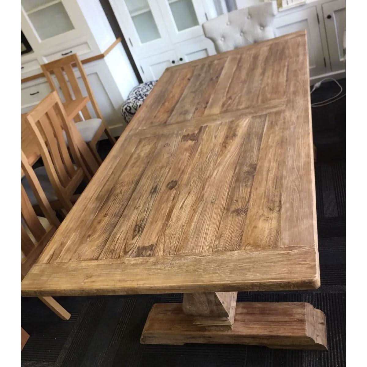 RHIANNON FARMHOUSE RUSTIC DINING TABLE 245CM + 2 X RHIANNON FARMHOUSE BENCHES IN RECYCLED ELM - MyChocolateWood