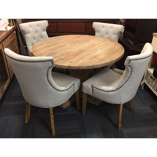 RHIANNON ROUND DINING TABLE IN RECYCLED ELM 120CM DIAMETER + 4 RIO DINING CHAIRS IN FLAXEEN - MyChocolateWood