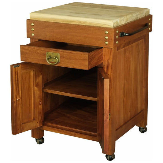 Solid mahogany and teak small butcher block kitchen island in light pecan with castors, crafted by MyChocolateWood.