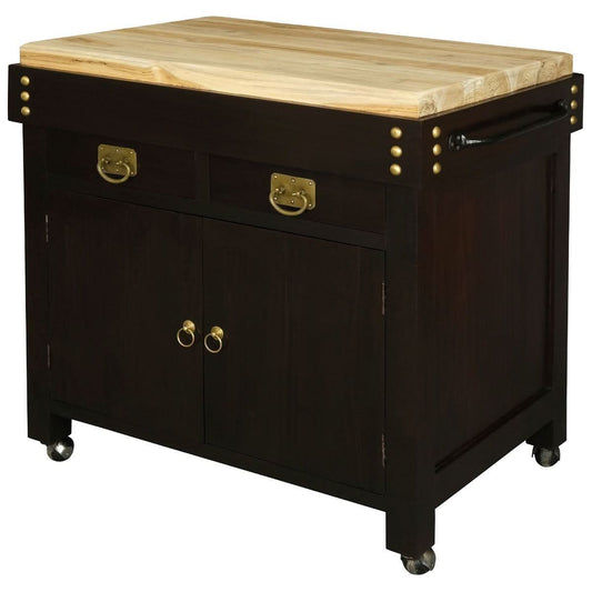 Ricardo solid mahogany timber large butcher block kitchen island with castors in chocolate finish by MyChocolateWood