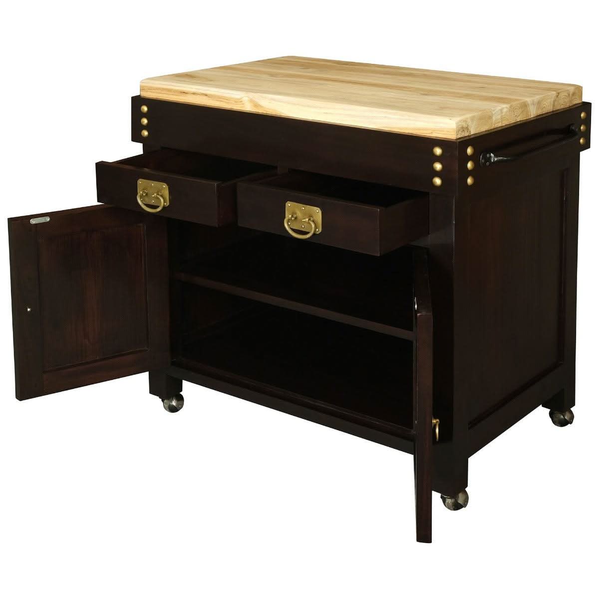 Solid mahogany Ricardo butcher block kitchen island with castors in chocolate by MyChocolateWood, featuring a large timber surface.