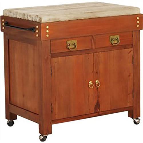 Solid mahogany Ricardo kitchen island with two drawers, two doors, castors, and light pecan finish from MyChocolateWood.