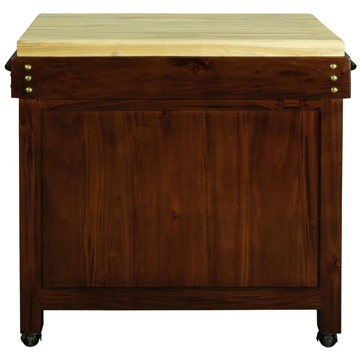 Solid mahogany Ricardo butcher block kitchen island with castors, large timber surface and sturdy mahogany frame by MyChocolateWood.