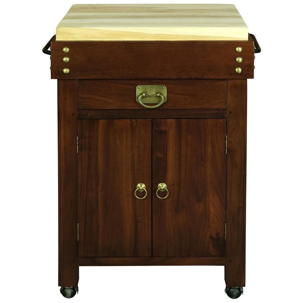 Ricardo solid mahogany timber small butcher block kitchen island with castors, mahogany finish, and sturdy wood construction.