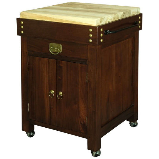 Ricardo solid mahogany timber small butcher block kitchen island with castors in rich mahogany color, sturdy and functional.