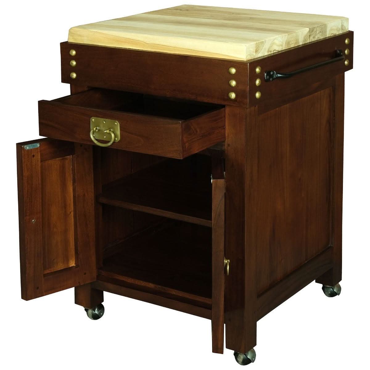 Ricardo solid mahogany timber small butcher block kitchen island with castors, natural mahogany finish, sturdy wooden surface.