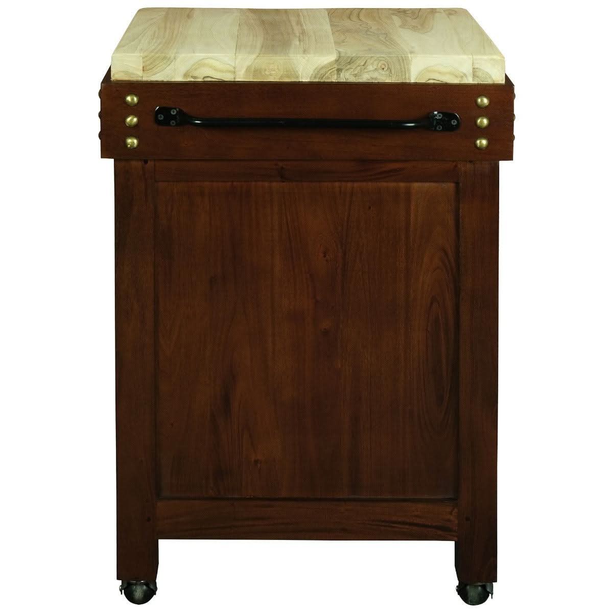 Ricardo solid mahogany timber small butcher block kitchen island with castors in warm mahogany color, crafted by MyChocolateWood.