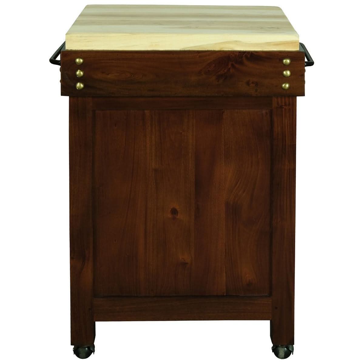 Ricardo solid mahogany timber small butcher block kitchen island with castors in rich mahogany color.