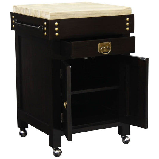 Ricardo solid mahogany timber small butcher's block kitchen island in chocolate finish with castors, from MyChocolateWood.