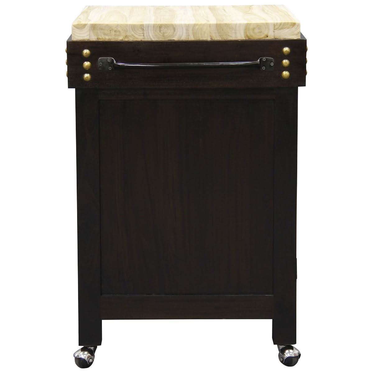 Solid mahogany butcher's block kitchen island in chocolate with castors, compact design, and natural wood grain from MyChocolateWood