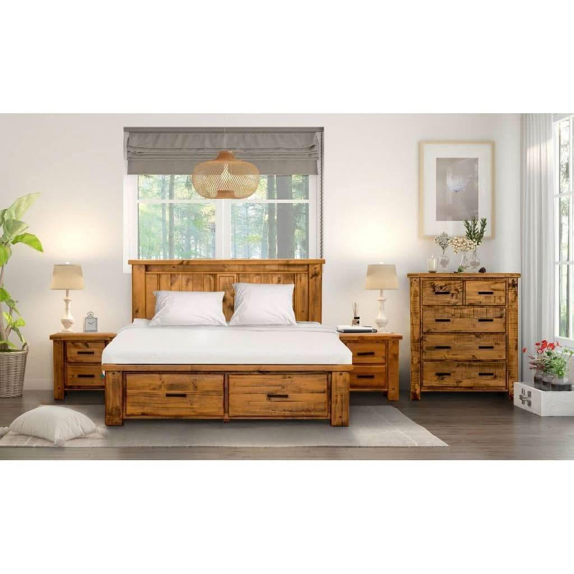 Richmond King Bed with Tallboy & 2 Bedside Tables Package - Chocolate Wood