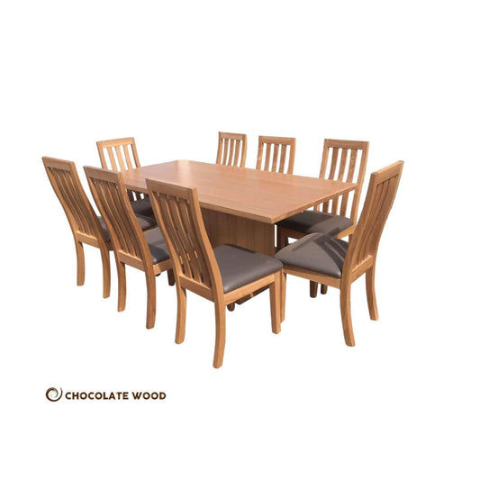 ROMA 9 PIECE TASSIE OAK RECTANGULAR DINING TABLE SET IN CLEAR LACQUER 240CM MADE TO ORDER IN AUSTRALIA - MyChocolateWood