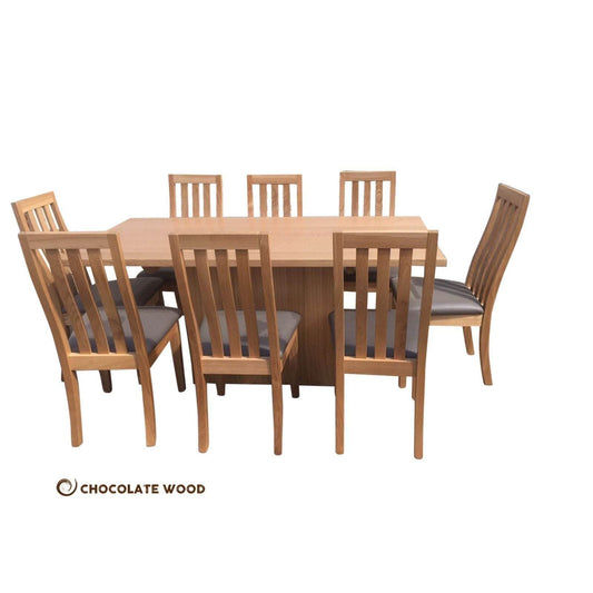 ROMA 9 PIECE TASSIE OAK RECTANGULAR DINING TABLE SET IN CLEAR LACQUER 240CM MADE TO ORDER IN AUSTRALIA
