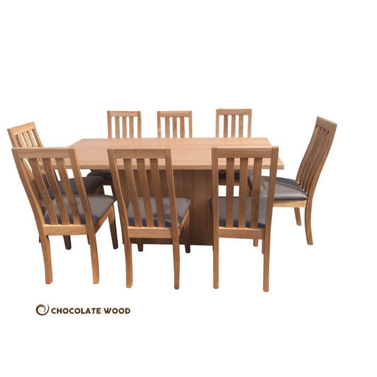 ROMA 9 PIECE TASSIE OAK RECTANGULAR DINING TABLE SET IN CLEAR LACQUER 240CM MADE TO ORDER IN AUSTRALIA - MyChocolateWood