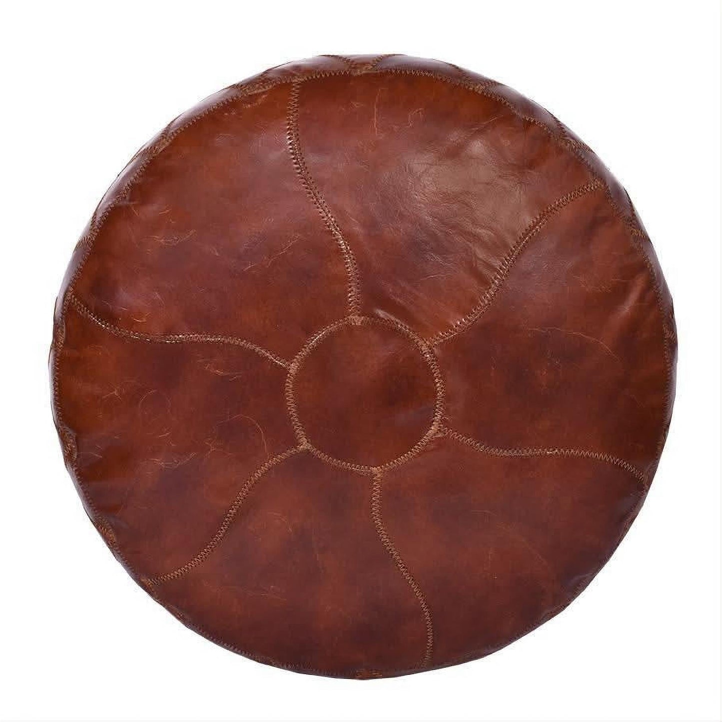 RONNIE ROUND OTTOMAN IN AGED LEATHER WITH DIAMOND EMBROIDERY DETAILING