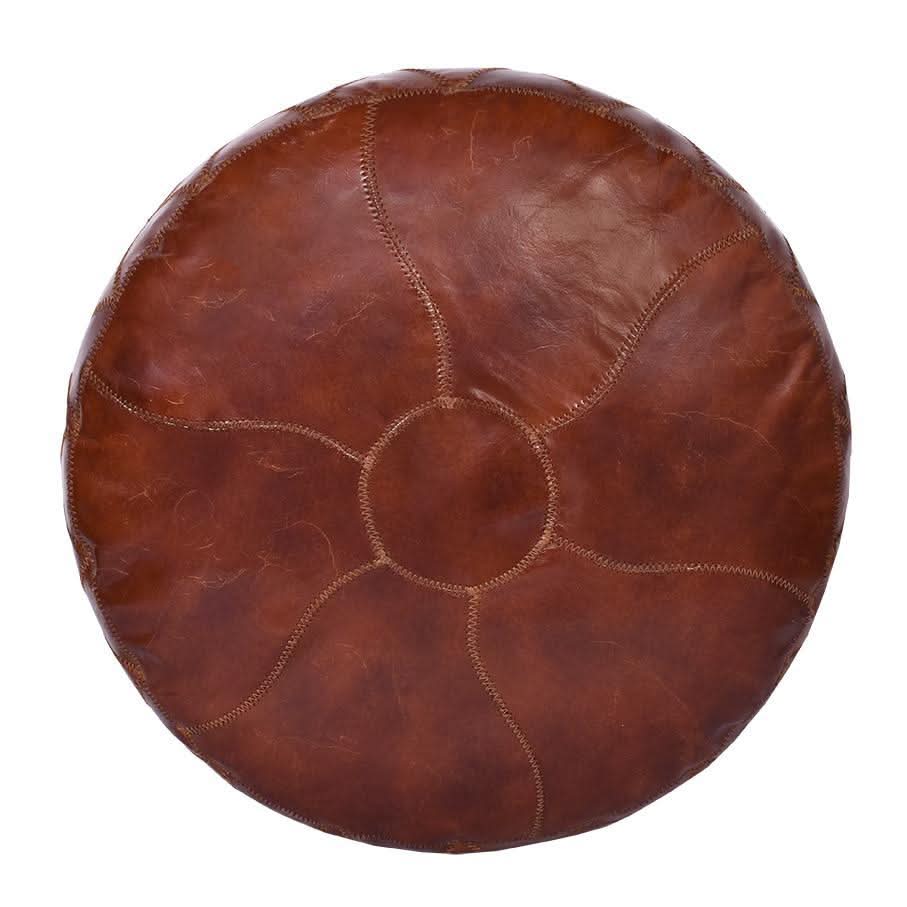 RONNIE ROUND OTTOMAN IN AGED LEATHER WITH DIAMOND EMBROIDERY DETAILING - MyChocolateWood