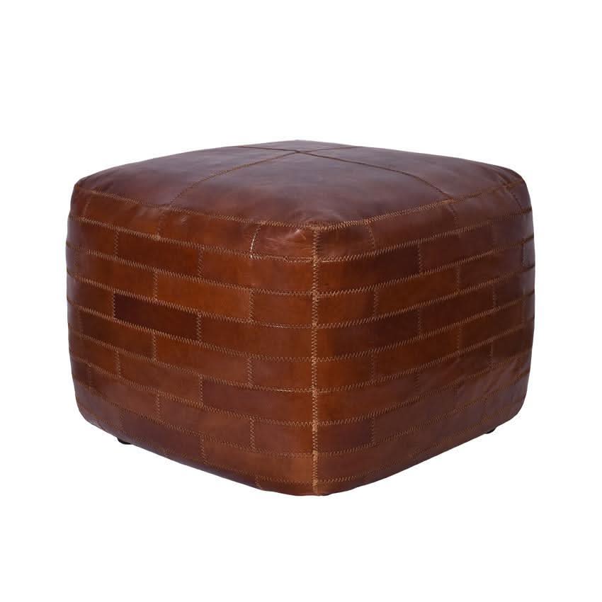 RONNIE SQUARE OTTOMAN IN AGED LEATHER WITH EMBROIDERED BRICK MOTIF - MyChocolateWood