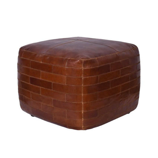 RONNIE SQUARE OTTOMAN IN AGED LEATHER WITH EMBROIDERED BRICK MOTIF - MyChocolateWood