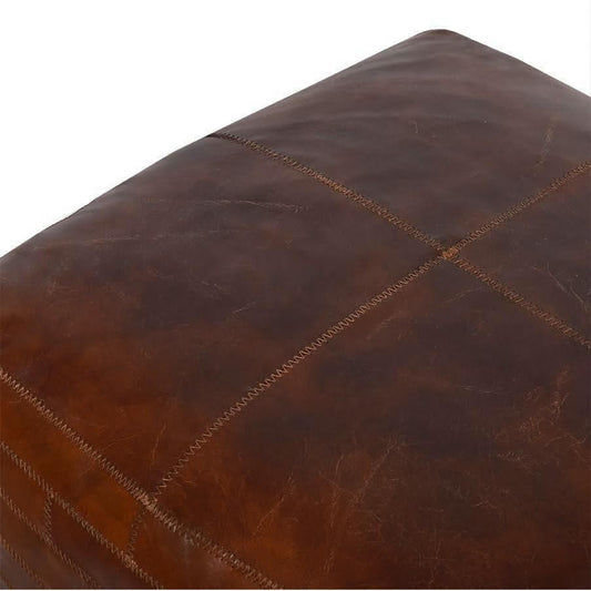 RONNIE SQUARE OTTOMAN IN AGED LEATHER WITH EMBROIDERED BRICK MOTIF