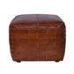 RONNIE SQUARE OTTOMAN IN AGED LEATHER WITH EMBROIDERED BRICK MOTIF - MyChocolateWood