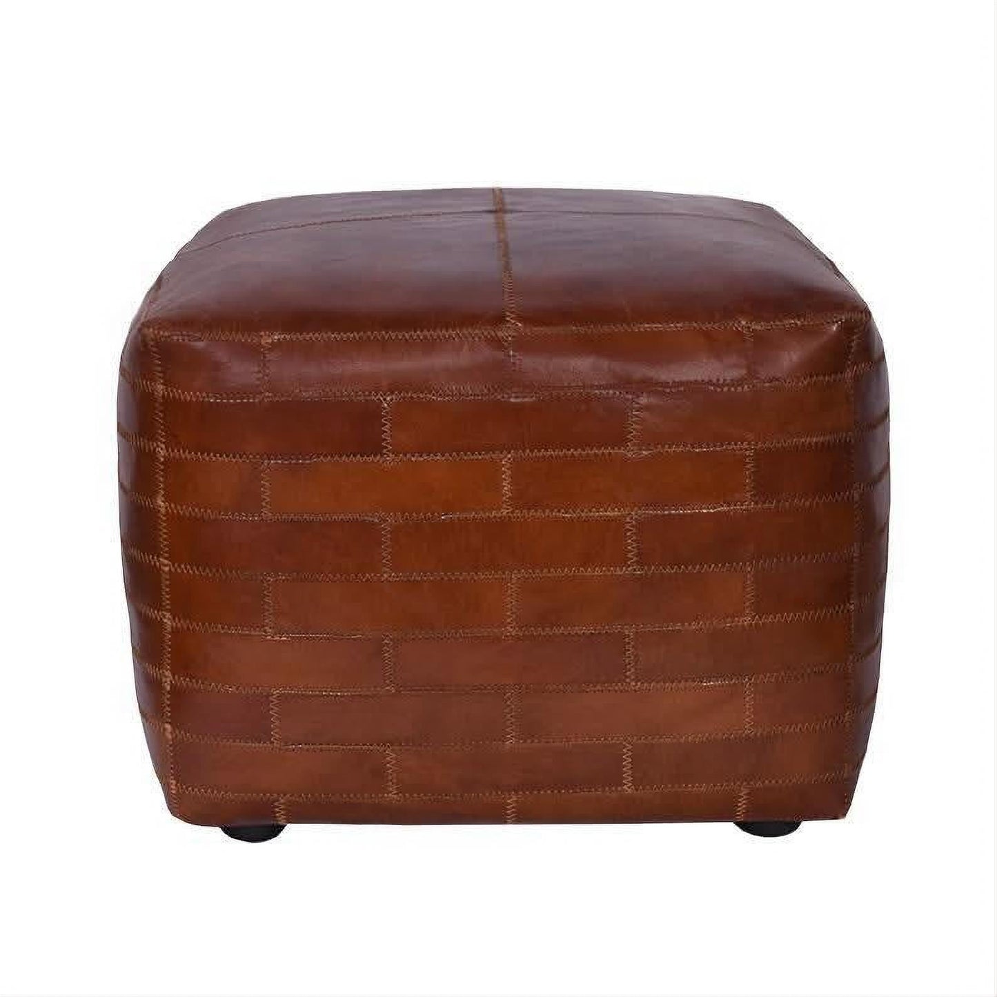 RONNIE SQUARE OTTOMAN IN AGED LEATHER WITH EMBROIDERED BRICK MOTIF