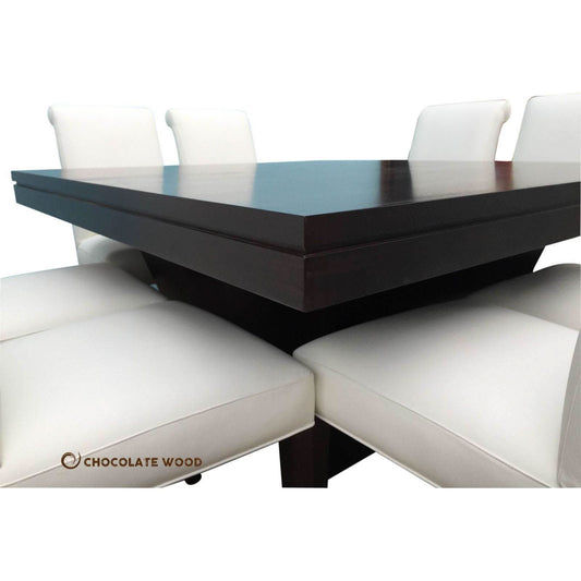 ROSA AUSSIE OAK SQUARE DINING TABLE IN BLACK 1500MM+ 8 WHITE LEATHER DINING CHAIRS