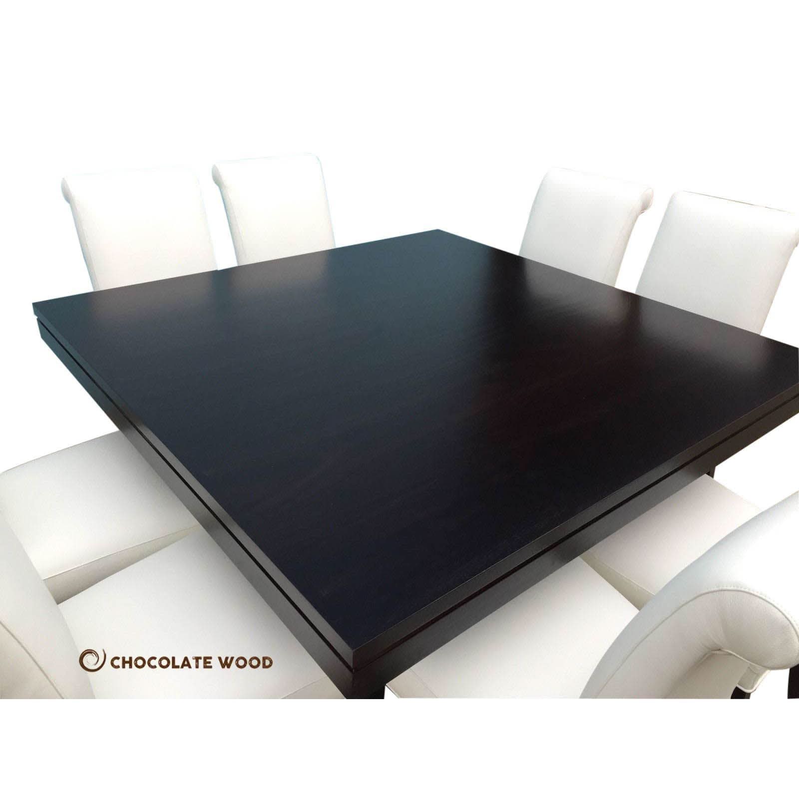 ROSA AUSSIE OAK SQUARE DINING TABLE IN BLACK 1500MM+ 8 WHITE LEATHER DINING CHAIRS - MyChocolateWood