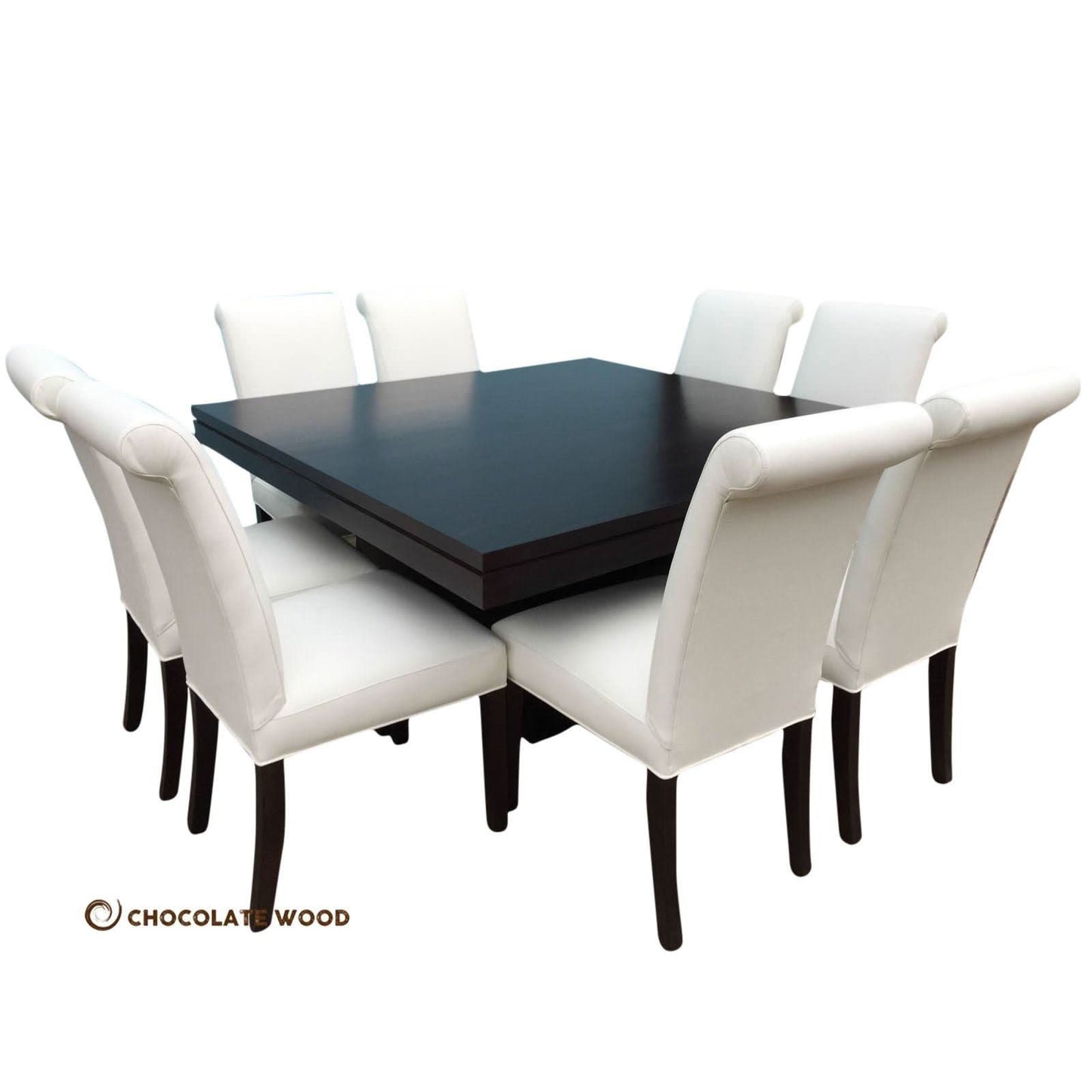 ROSA AUSSIE OAK SQUARE DINING TABLE IN BLACK 1500MM+ 8 WHITE LEATHER DINING CHAIRS - MyChocolateWood