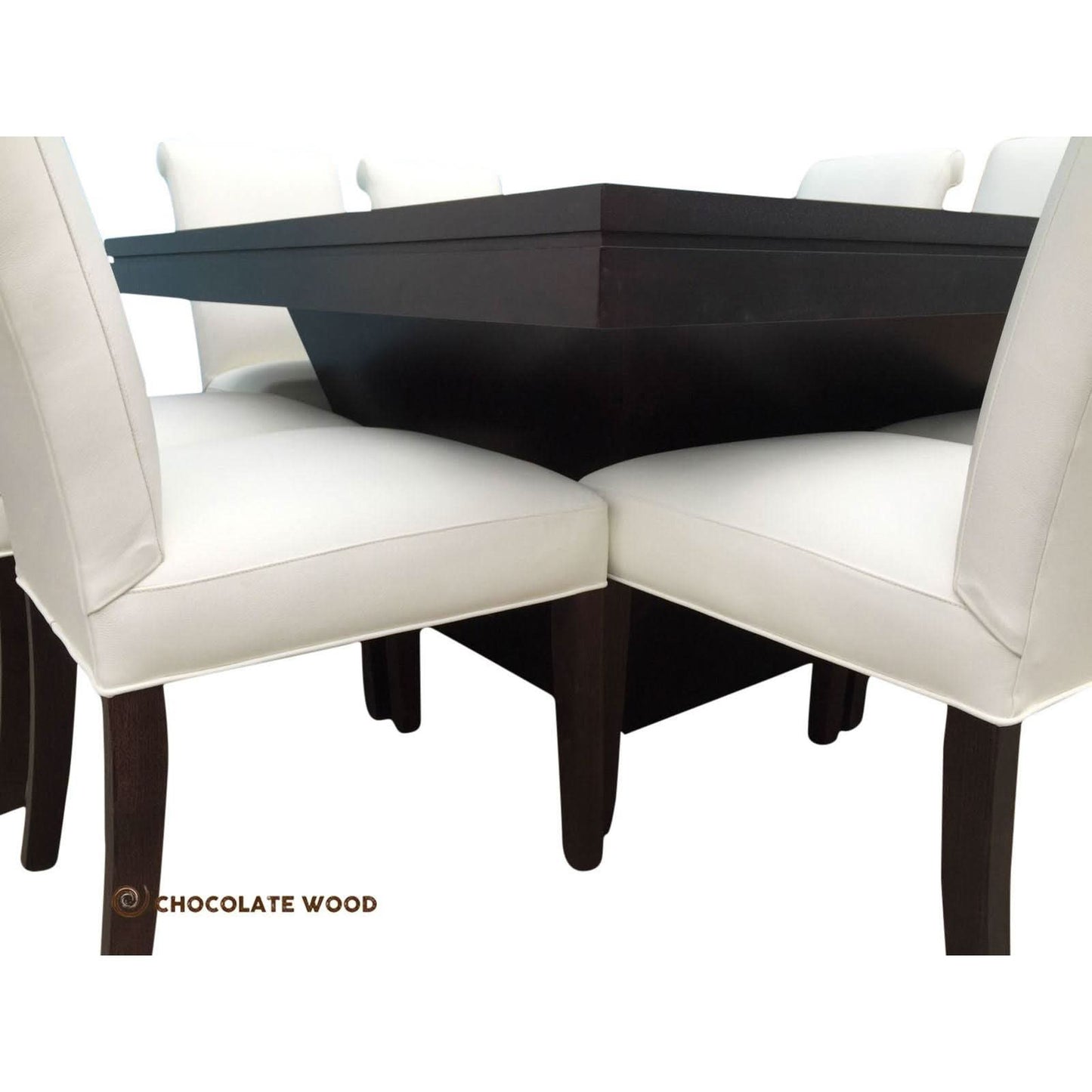 ROSA AUSSIE OAK SQUARE DINING TABLE IN BLACK 1500MM+ 8 WHITE LEATHER DINING CHAIRS