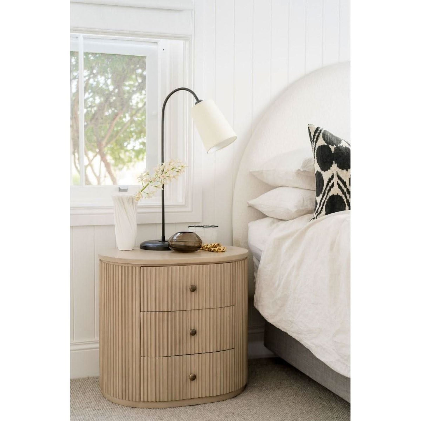 Sabran Mahogany Oval 3-Drawer Bedside Table in Sandbar - Chocolate Wood