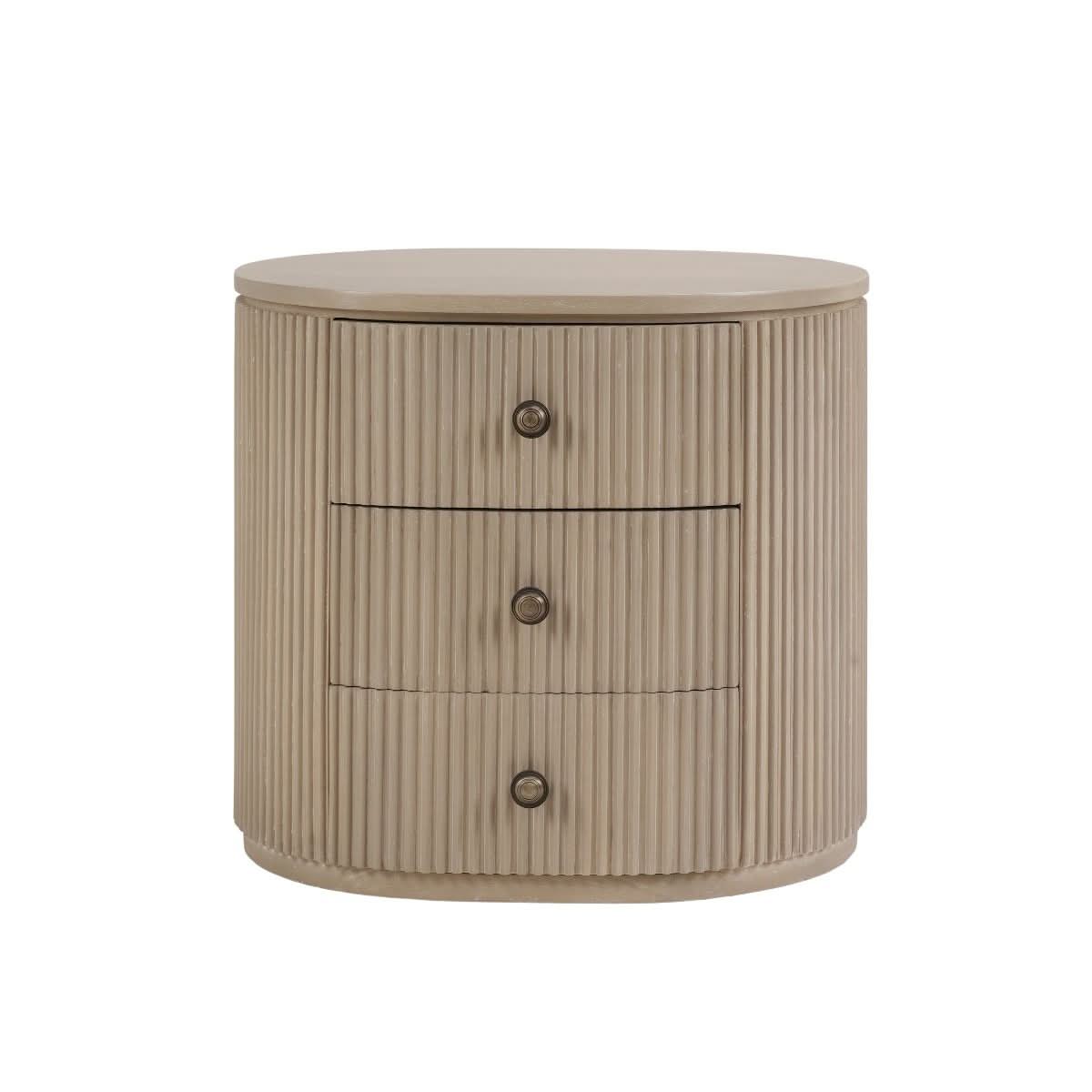 Sabran Mahogany Oval 3-Drawer Bedside Table in Sandbar - Chocolate Wood