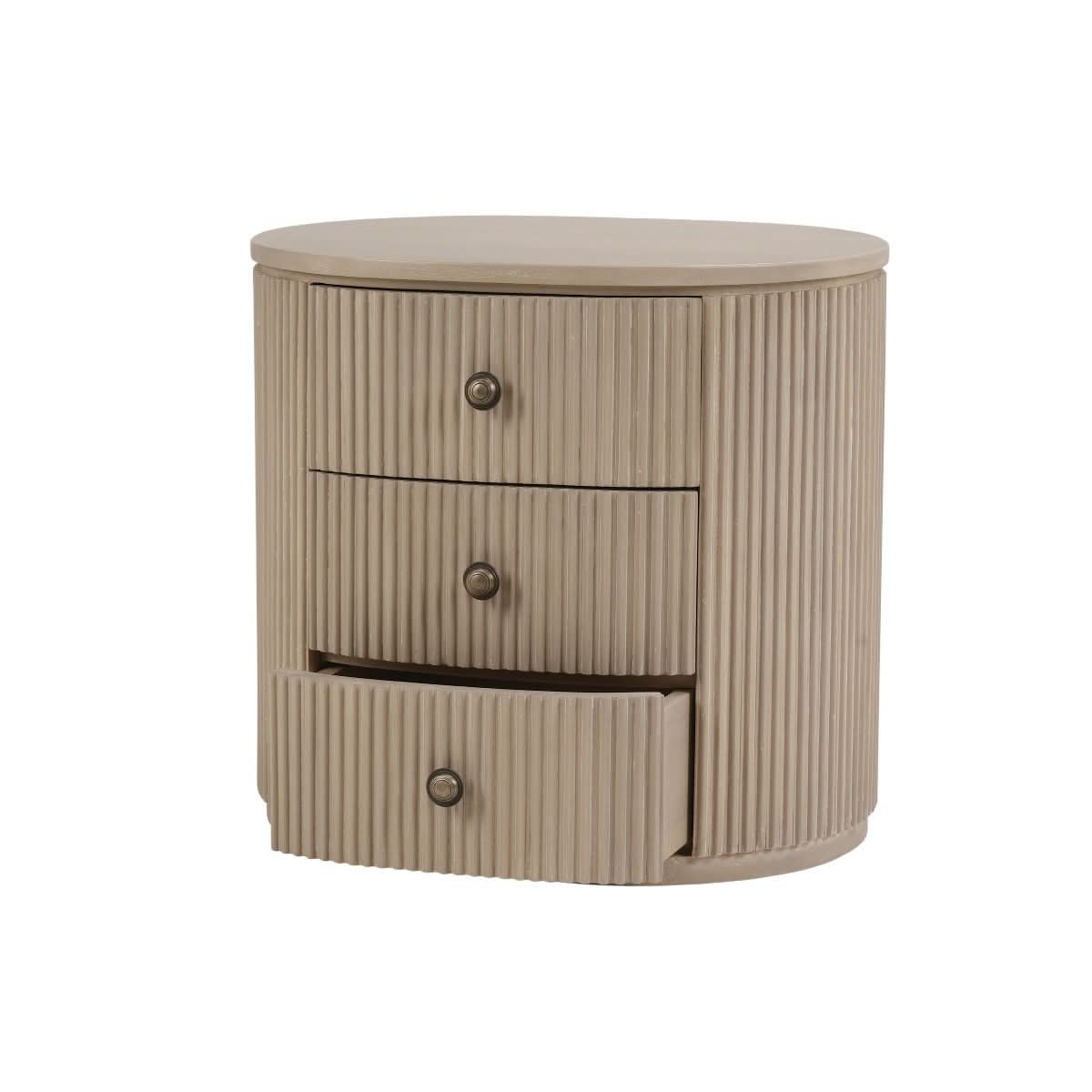 SABRAN MAHOGANY OVAL 3-DRAWER BEDSIDE TABLE NIGHTSTAND SANDBAR - MyChocolateWood
