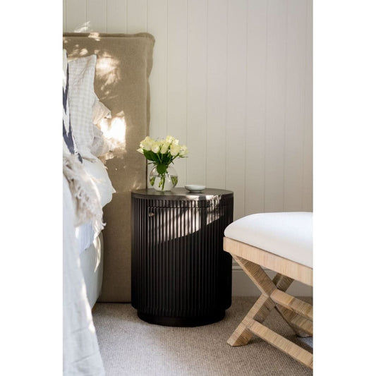 SABRAN MAHOGANY ROUND 3-DRAWER BEDSIDE TABLE NIGHTSTAND GREY OAK - MyChocolateWood