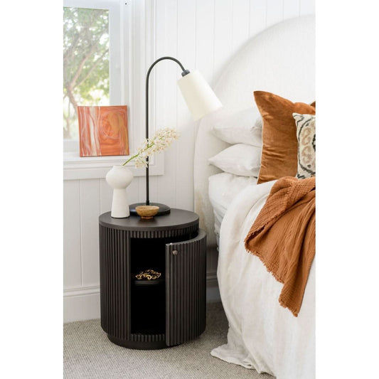 SABRAN MAHOGANY ROUND 3-DRAWER BEDSIDE TABLE NIGHTSTAND GREY OAK - MyChocolateWood