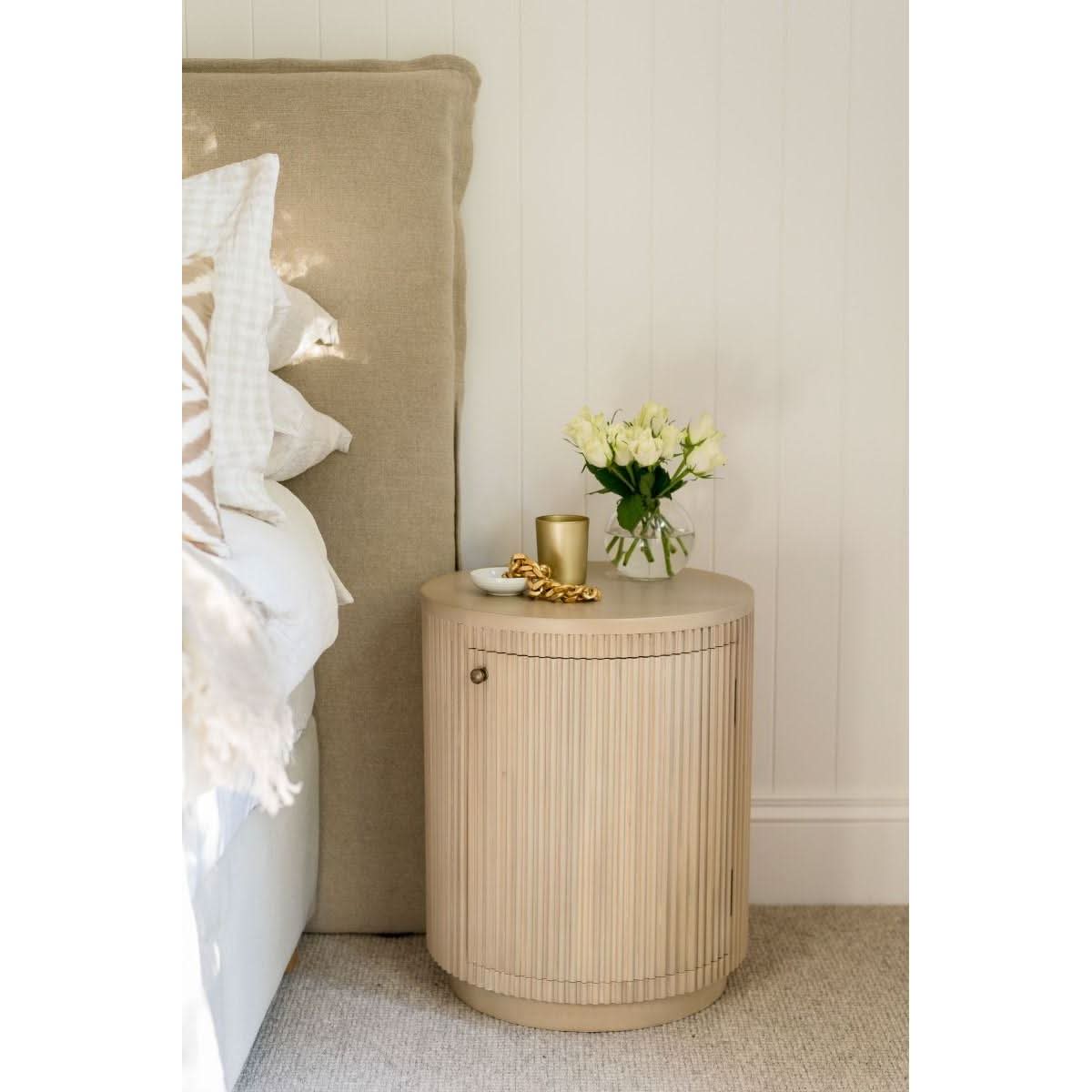 Sabran Mahogany Round 3-Drawer Bedside Table in Sandbar - Chocolate Wood