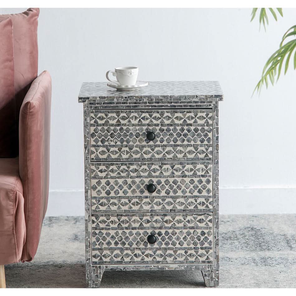SANTA FE SIDE SHELL INLAY 3 DRAWER SIDE TABLE/BEDSIDE TABLE - MyChocolateWood