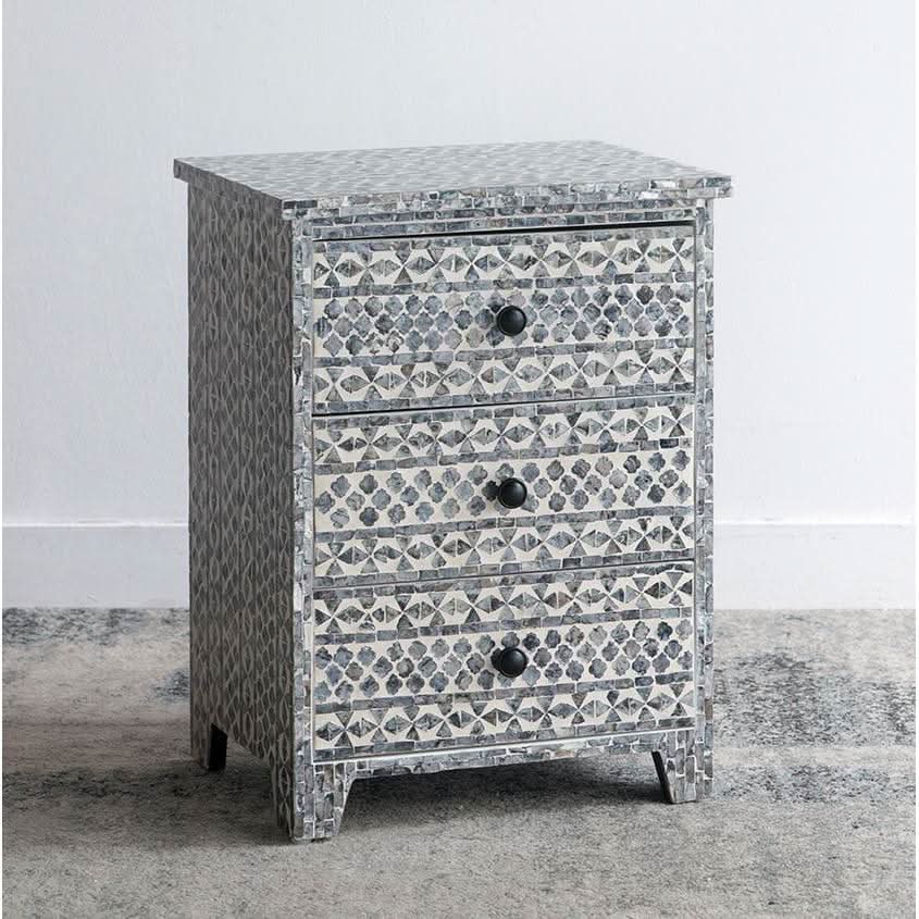 SANTA FE SIDE SHELL INLAY 3 DRAWER SIDE TABLE/BEDSIDE TABLE - MyChocolateWood
