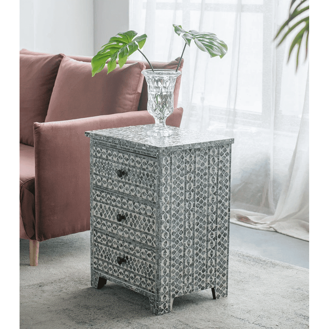 SANTA FE SIDE SHELL INLAY 3 DRAWER SIDE TABLE/BEDSIDE TABLE - MyChocolateWood