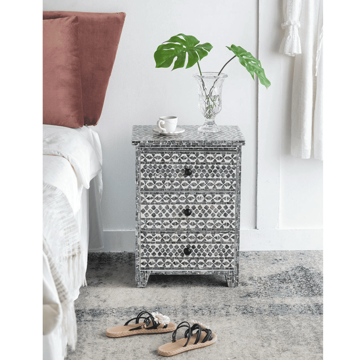 SANTA FE SIDE SHELL INLAY 3 DRAWER SIDE TABLE/BEDSIDE TABLE - MyChocolateWood