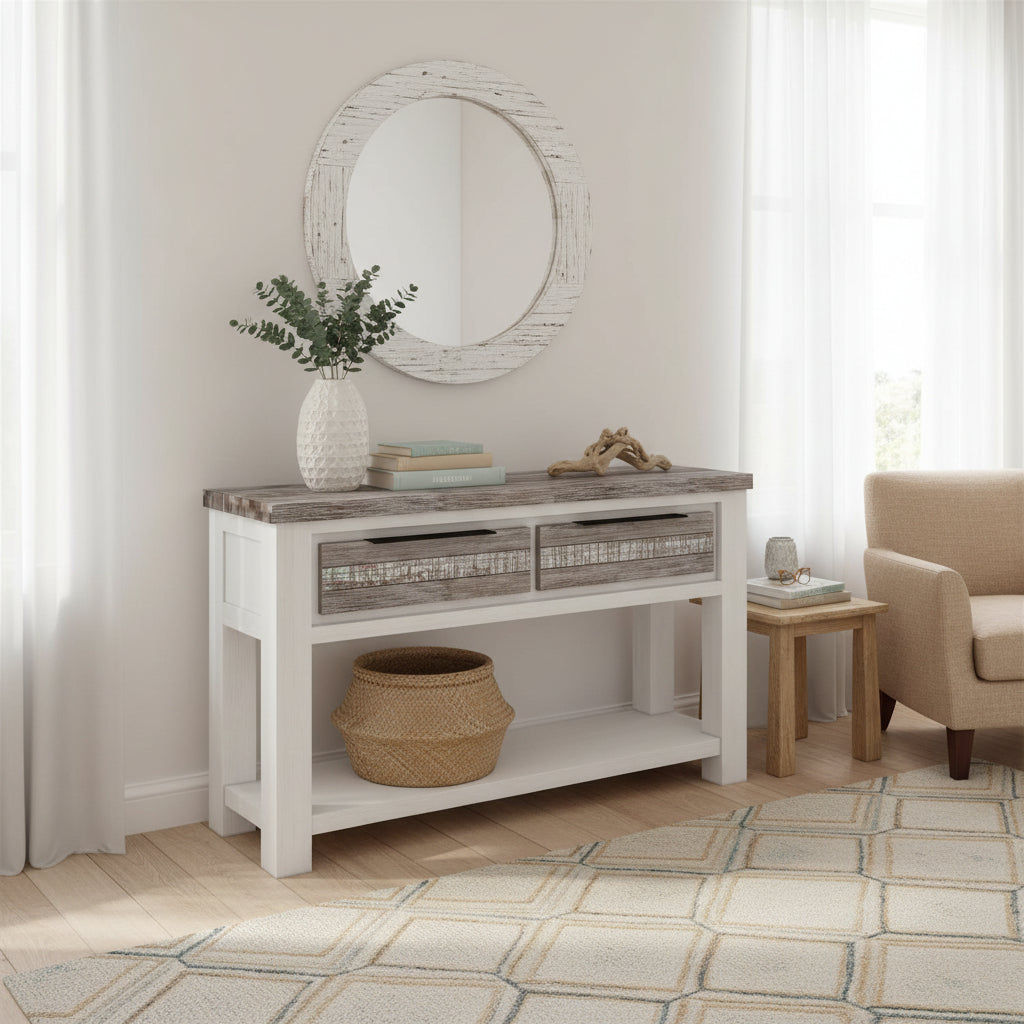 SCARBRO HAMPTONS SOLID ACACIA TIMBER CONSOLE TABLE WITH 2 DRAWERS - MyChocolateWood