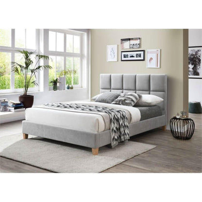 Scrivens Fabric Bed in Mist Grey, Double - Chocolate Wood
