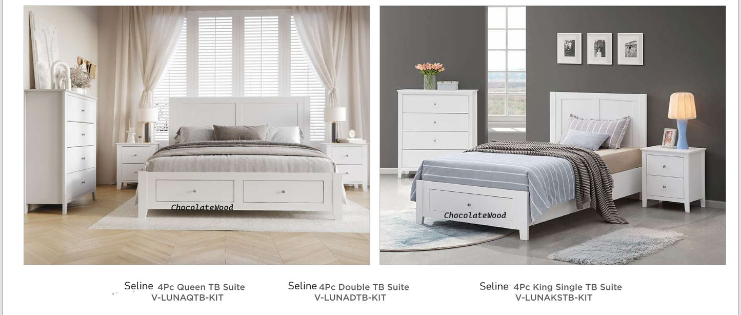 SELENE RUBBERWOOD 4 PIECE BEDROOM SUITE: 1-DRAWER KING SINGLE BED 2BEDSIDE TABLE 1 TALLBOY - MyChocolateWood
