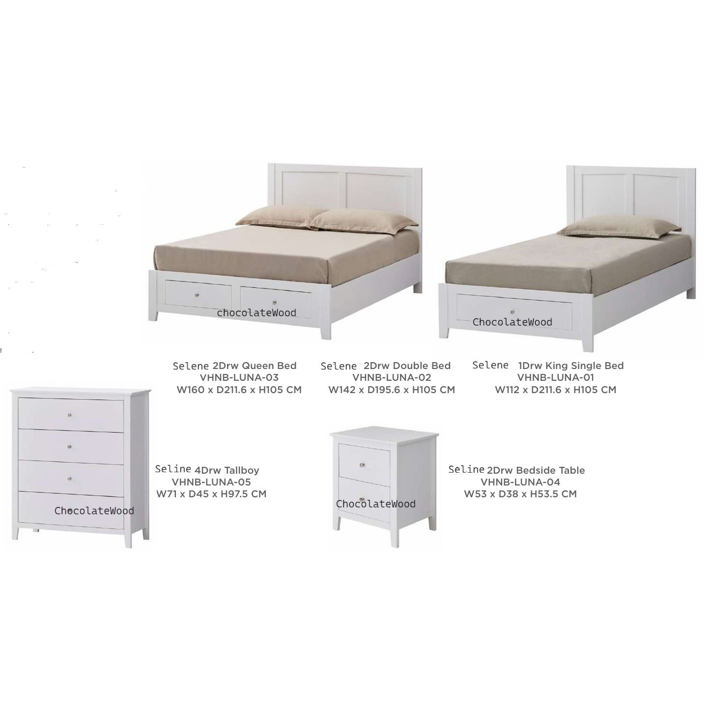 SELENE RUBBERWOOD 4 PIECE BEDROOM SUITE: 1-DRAWER KING SINGLE BED 2BEDSIDE TABLE 1 TALLBOY - MyChocolateWood
